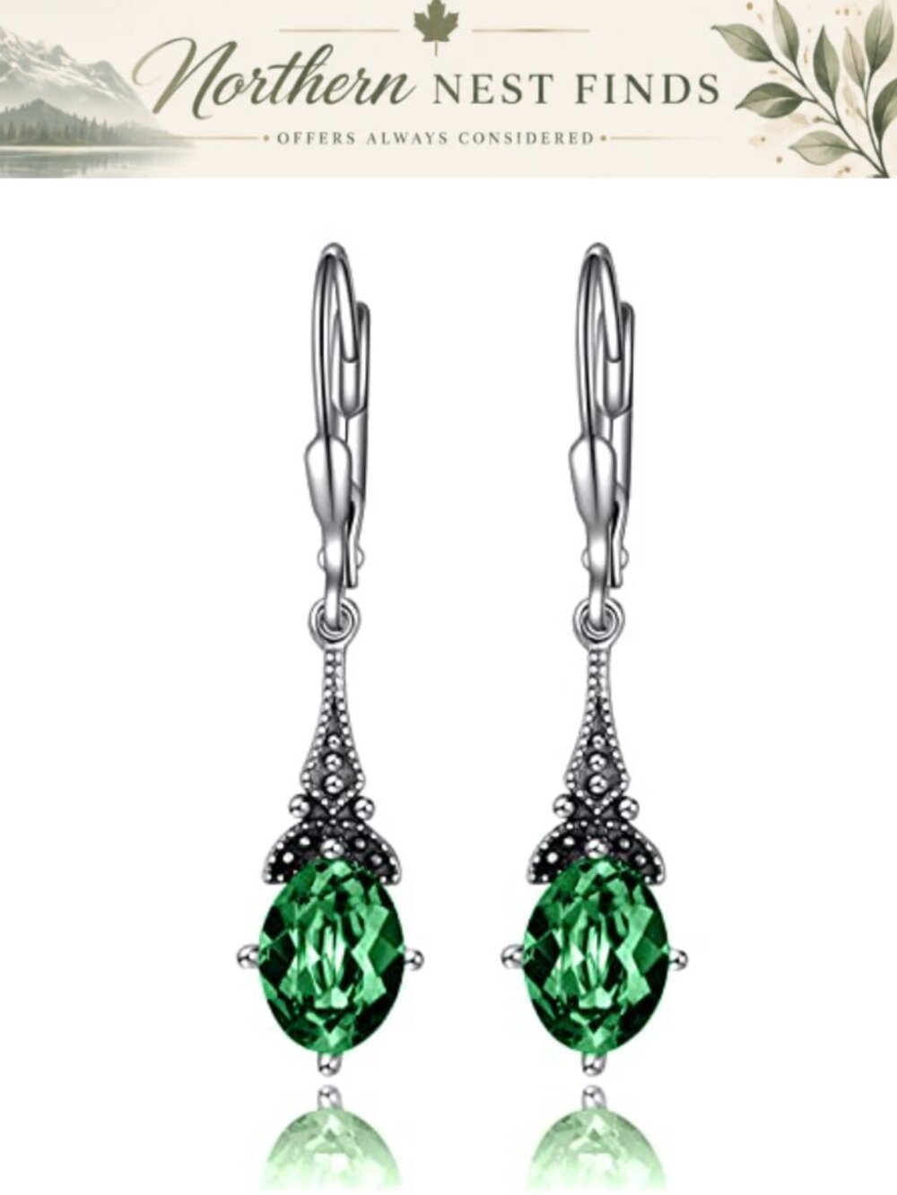 Sterling Silver Leverback Dangle Earrings 8x6mm Oval Simulated Birthstone